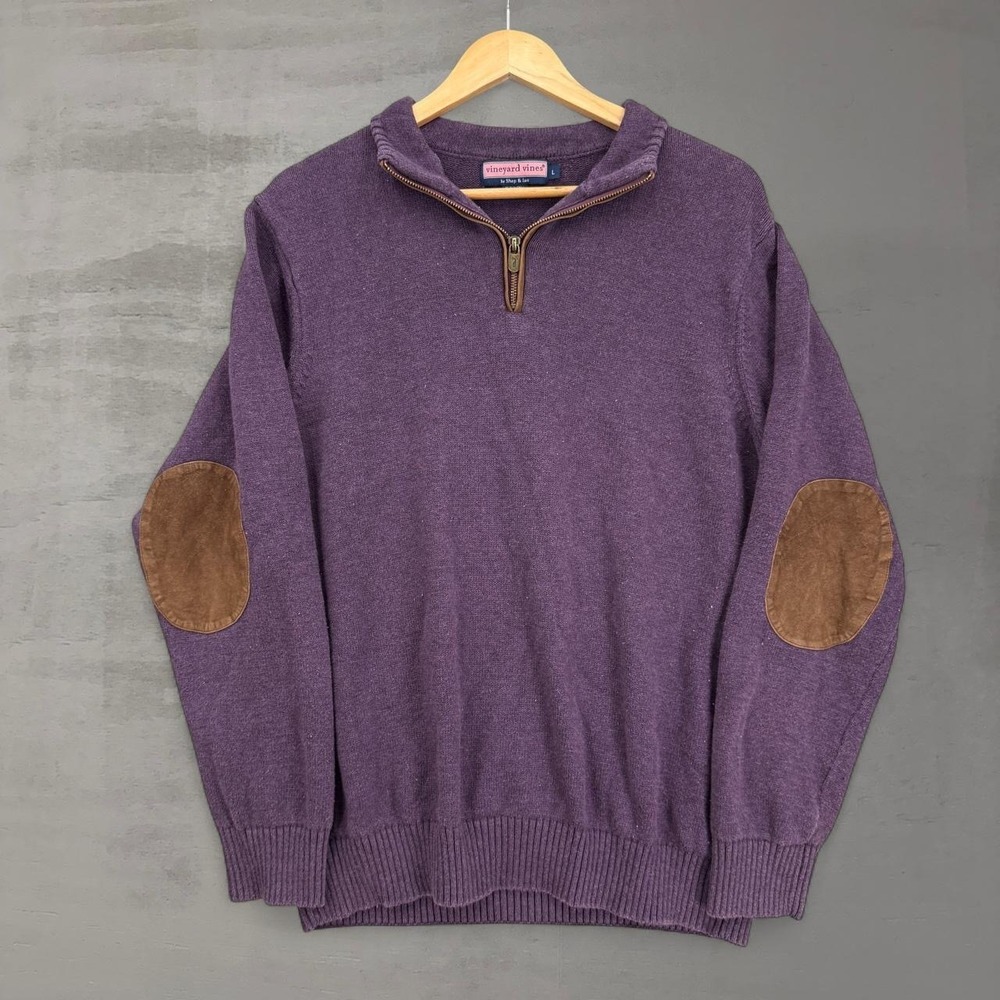 Vineyard Vines Quarter Zip Sweater Purple Elbow Patches Cotton Merino Large